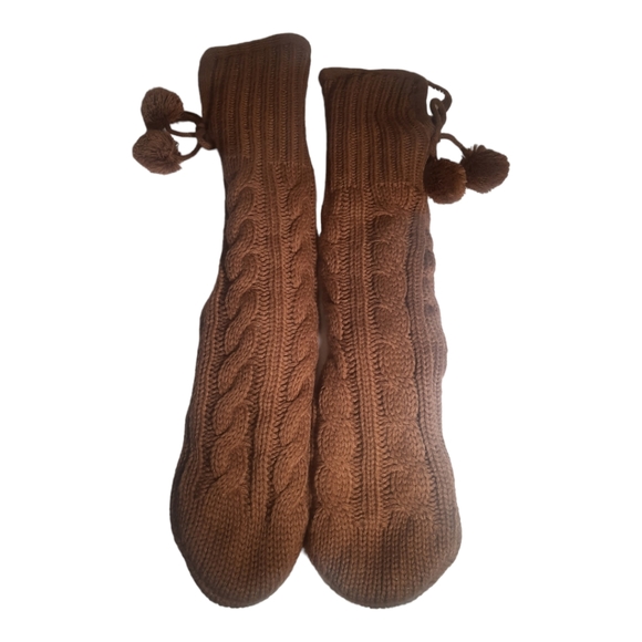 Look Slippers Wool Blend Brown Cable Knit Grippy One Size Christmas Winter - Picture 3 of 11